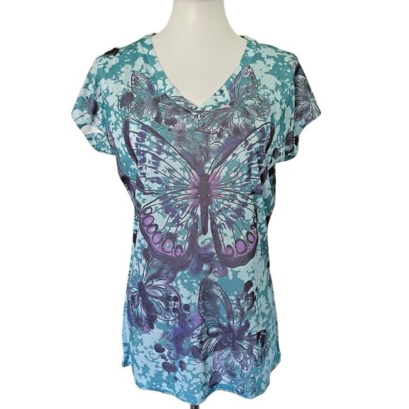 Jazzie Tops - Y2K Sheer Butterfly Short Sleeve T-Shirt Womens Large V-Neck Burnout Colorful L